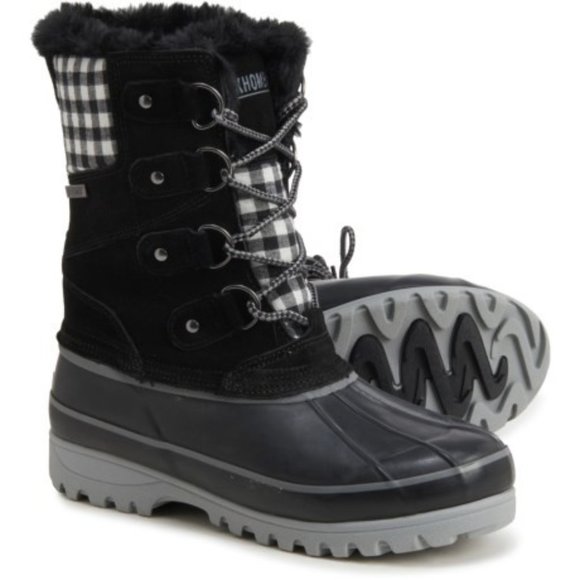 Khombu Nordic Boots Suede Faux Fur Lace Up Duck Booties Black Plaid Size 7 NEW - Picture 1 of 7